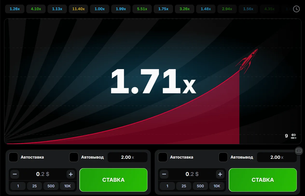 Полёт ракеты: множитель x1.71 и две панели ставок